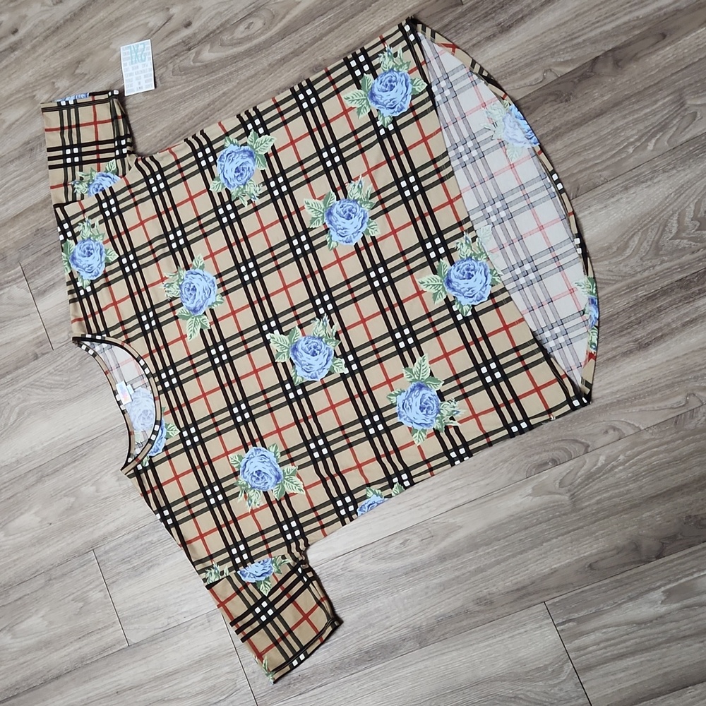 ❤️ LuLaRoe Irma Oversized Tunic Top Plaid & Blue Floral Shirt Women's 2XL NWT